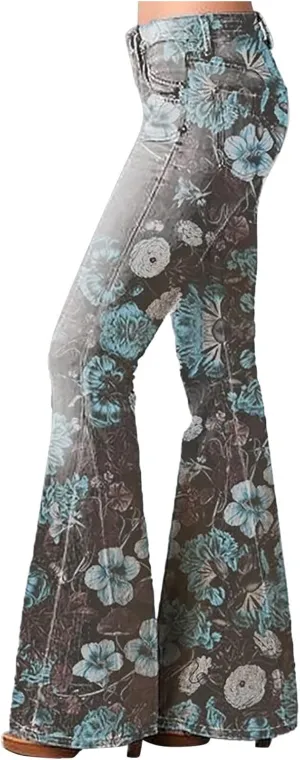 Womens Vintage Floral Print Flare Denim Pants Bell Bottom Jeans Curvy Slim Fit Butt Lifting Denim Skinny Jeans