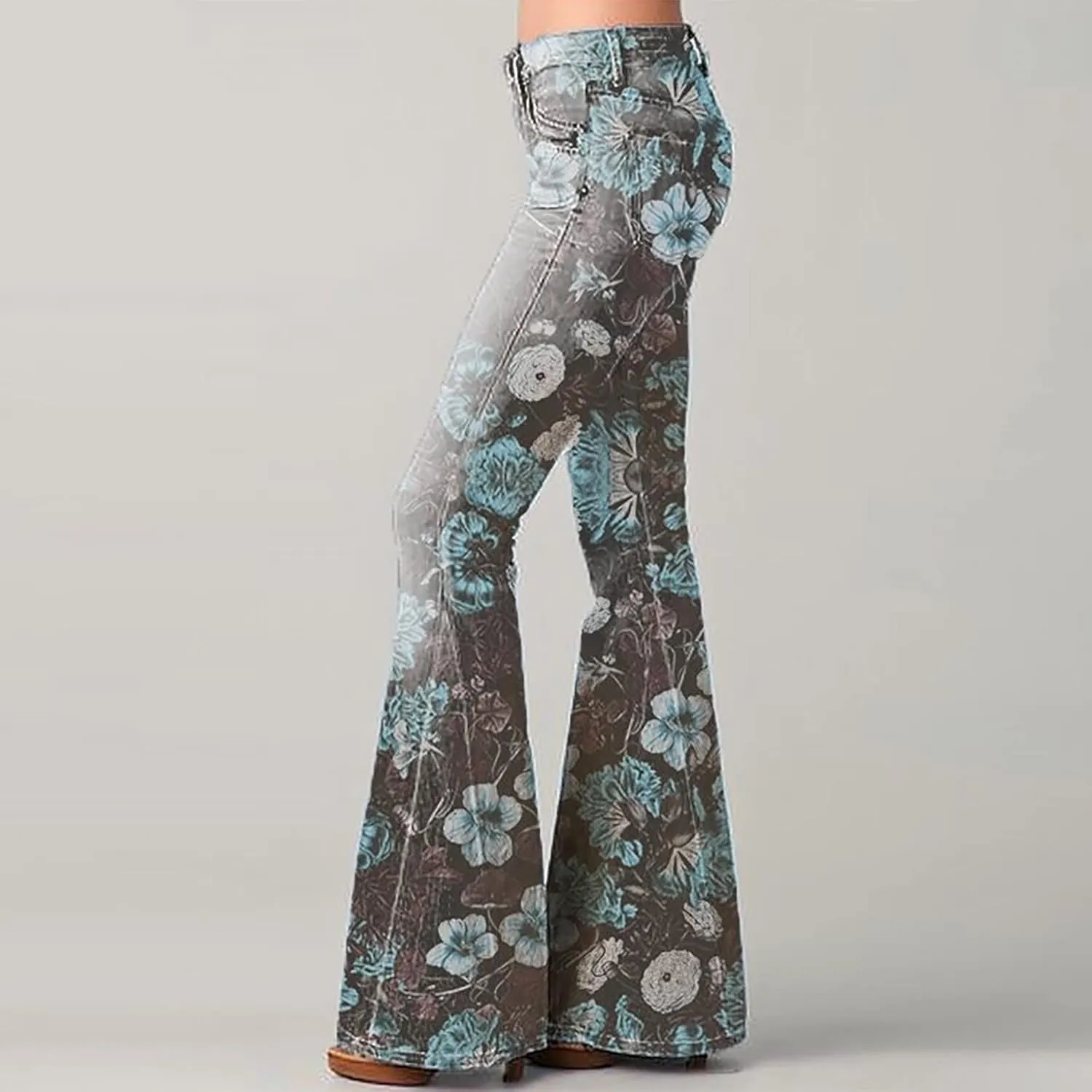 Womens Vintage Floral Print Flare Denim Pants Bell Bottom Jeans Curvy Slim Fit Butt Lifting Denim Skinny Jeans