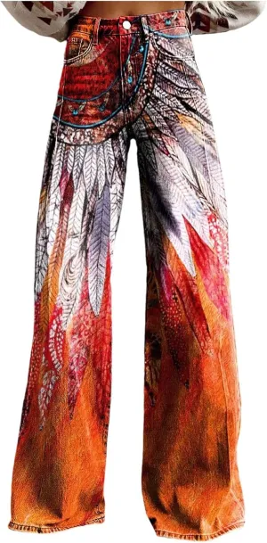 Womens Vintage Wide Leg Fashion High Waisted Casual Denim Pants 90s Floral Printed Pull On Baggy Trousers 2