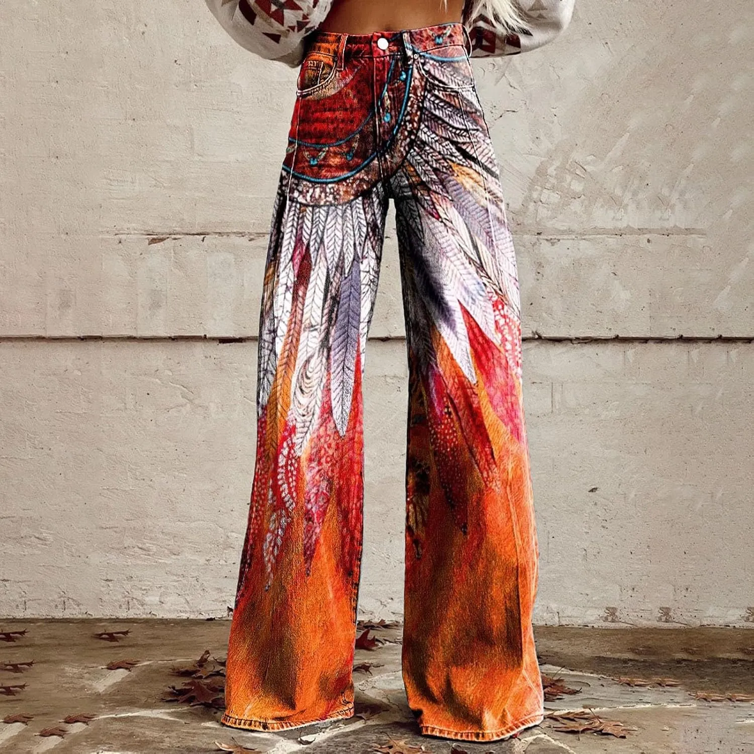 Womens Vintage Wide Leg Fashion High Waisted Casual Denim Pants 90s Floral Printed Pull On Baggy Trousers 2