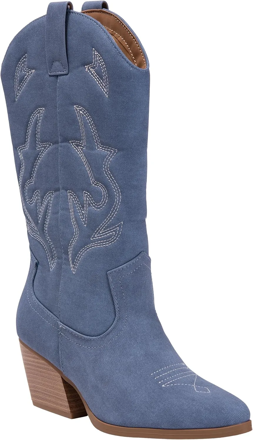 Women’s Western Cowboy Boots – Mid-Calf Pointed Toe Embroidered Cowgirl Boot with Chunky Heel – Classic Rodeo Style Julia