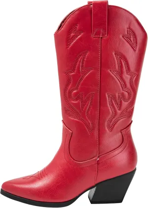 Women’s Western Cowboy Boots – Mid-Calf Pointed Toe Embroidered Cowgirl Boot with Chunky Heel – Classic Rodeo Style Julia