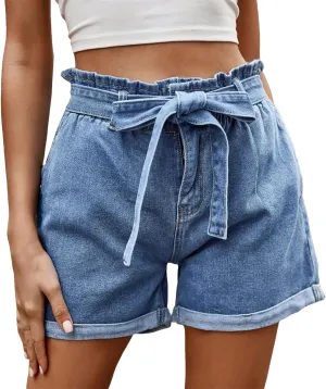 Women's Wide Leg Denim Shorts with Pockets | High Waist Lace Up Belt & Ruffle Trim | Roll-Up High Stretch Beach Yoga Shorts