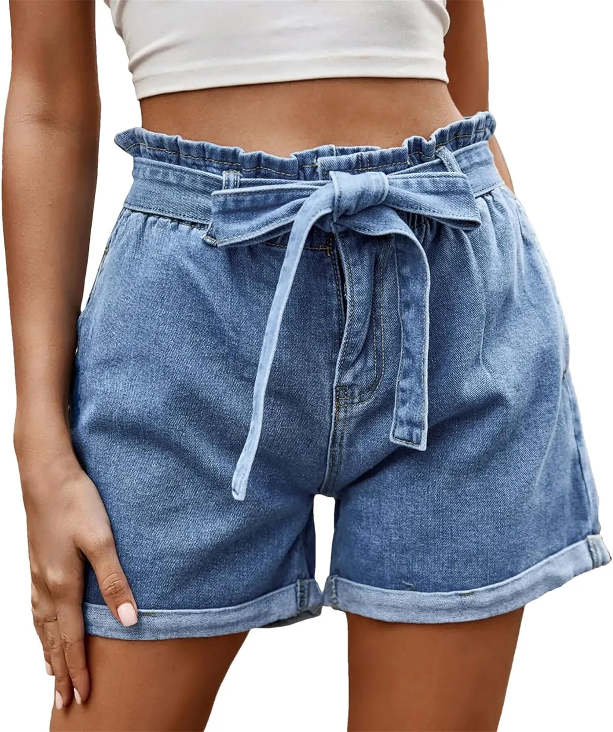 Women's Wide Leg Denim Shorts with Pockets | High Waist Lace Up Belt & Ruffle Trim | Roll-Up High Stretch Beach Yoga Shorts