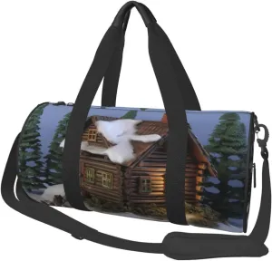 Wooden Rustic Log Cottage Scenery Duffle Bag for Women Men Personal Item Travel Bag Canvas Weekender Overnight Bag Lightweight Sports Tote Gym Bag Carry On Luggage Bag
