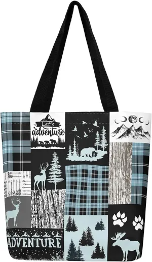 Woodland Animals Canvas Tote Bag for Women,Lodge Cabin Foldable Handbag,Rustic Bear Elk Deer Grocery Shoulder Bag