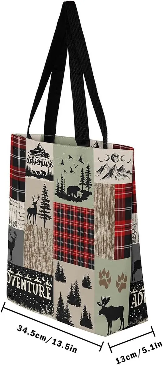 Woodland Animals Canvas Tote Bag for Women,Lodge Cabin Foldable Handbag,Rustic Bear Elk Deer Grocery Shoulder Bag