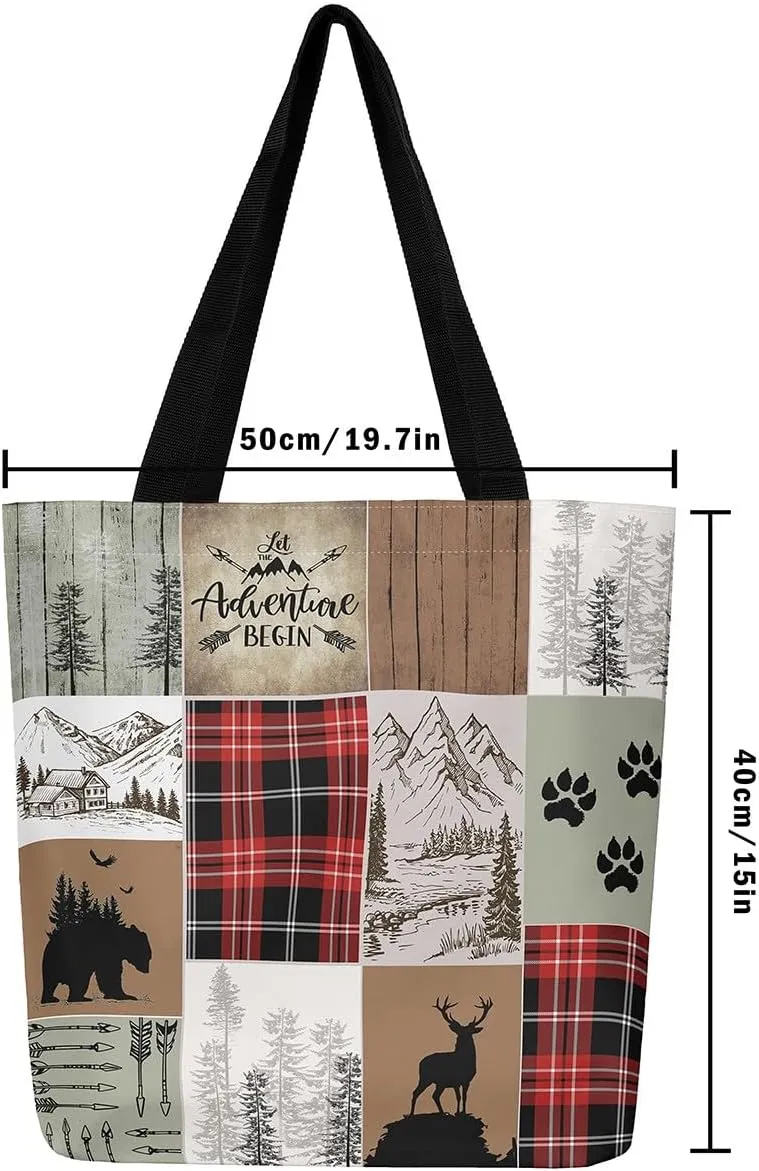 Woodland Animals Canvas Tote Bag for Women,Lodge Cabin Foldable Handbag,Rustic Bear Elk Deer Grocery Shoulder Bag