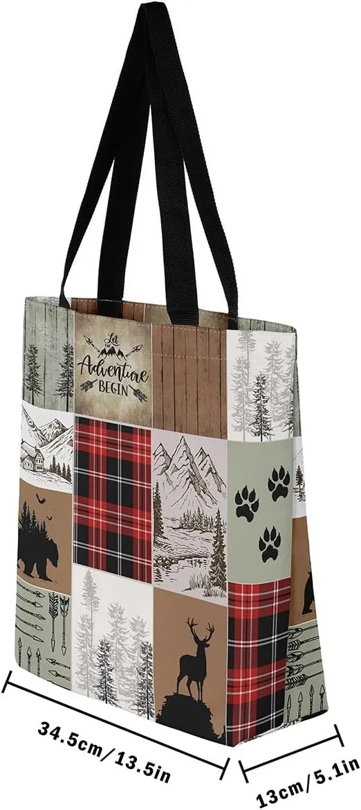Woodland Animals Canvas Tote Bag for Women,Lodge Cabin Foldable Handbag,Rustic Bear Elk Deer Grocery Shoulder Bag