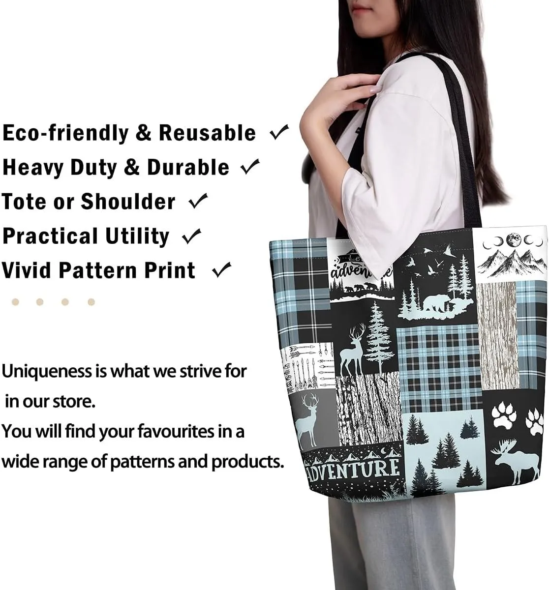 Woodland Animals Canvas Tote Bag for Women,Lodge Cabin Foldable Handbag,Rustic Bear Elk Deer Grocery Shoulder Bag
