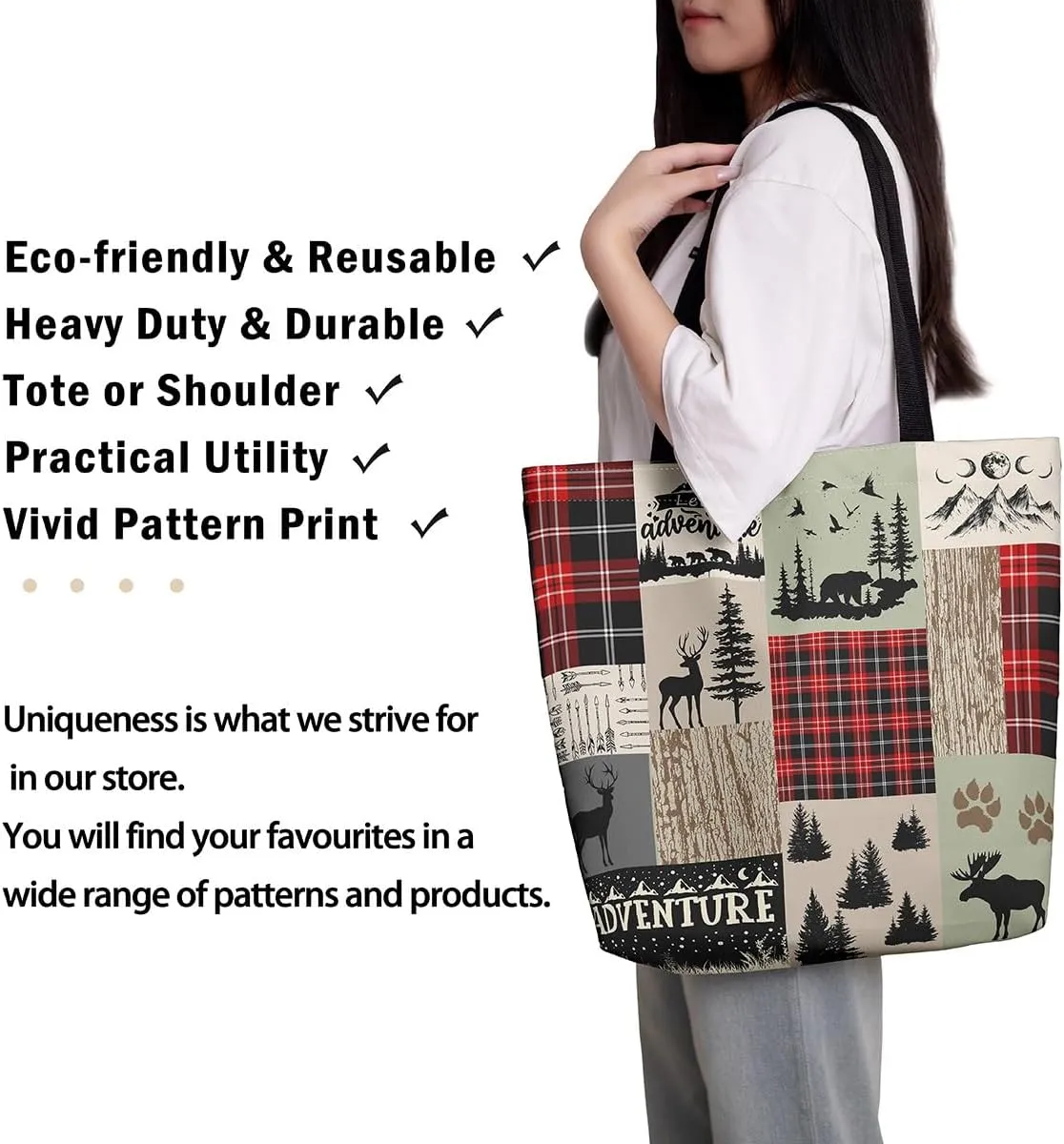 Woodland Animals Canvas Tote Bag for Women,Lodge Cabin Foldable Handbag,Rustic Bear Elk Deer Grocery Shoulder Bag
