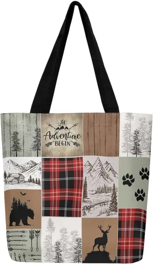 Woodland Animals Canvas Tote Bag for Women,Lodge Cabin Foldable Handbag,Rustic Bear Elk Deer Grocery Shoulder Bag