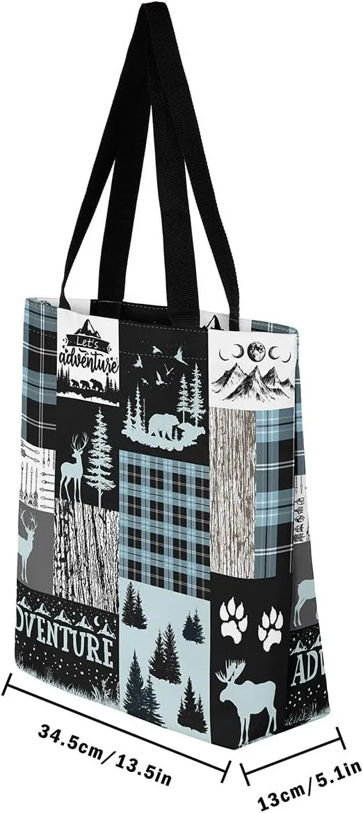 Woodland Animals Canvas Tote Bag for Women,Lodge Cabin Foldable Handbag,Rustic Bear Elk Deer Grocery Shoulder Bag