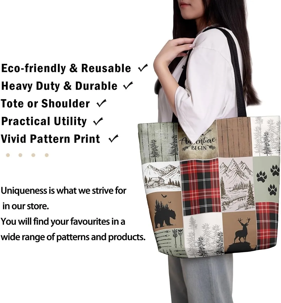 Woodland Animals Canvas Tote Bag for Women,Lodge Cabin Foldable Handbag,Rustic Bear Elk Deer Grocery Shoulder Bag