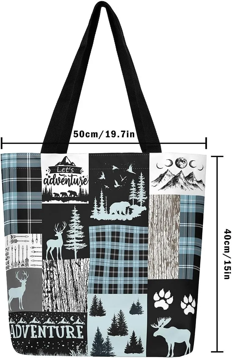 Woodland Animals Canvas Tote Bag for Women,Lodge Cabin Foldable Handbag,Rustic Bear Elk Deer Grocery Shoulder Bag