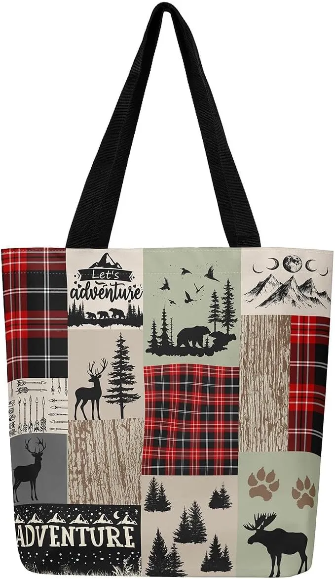 Woodland Animals Canvas Tote Bag for Women,Lodge Cabin Foldable Handbag,Rustic Bear Elk Deer Grocery Shoulder Bag