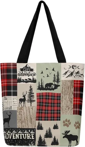 Woodland Animals Canvas Tote Bag for Women,Lodge Cabin Foldable Handbag,Rustic Bear Elk Deer Grocery Shoulder Bag