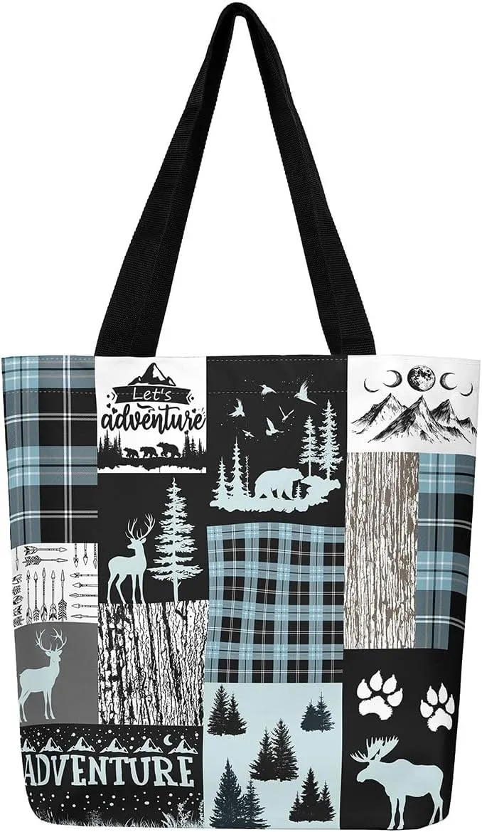 Woodland Animals Canvas Tote Bag for Women,Lodge Cabin Foldable Handbag,Rustic Bear Elk Deer Grocery Shoulder Bag
