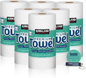 Worldwide Nutrition Bundle, Compatible with Kirkland Premium Paper Towels, Strong, Thick, and Absorbent Bulk Paper Towels 6 Rolls, 160 Sheets Per Roll 2-Ply and Multi-Purpose Key Chain, White