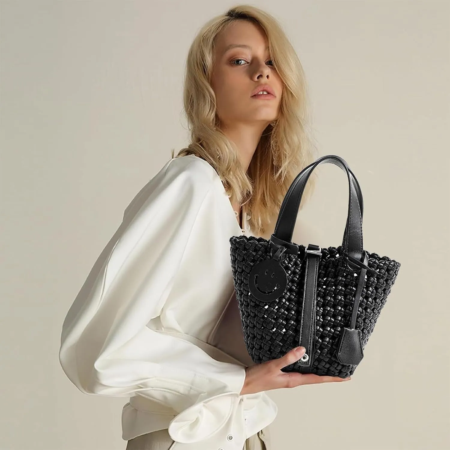 Woven Handbags for Women Top Handle Satchel Handbag Basket Bucket Bag Small Woven Tote Bag Hobo Purses