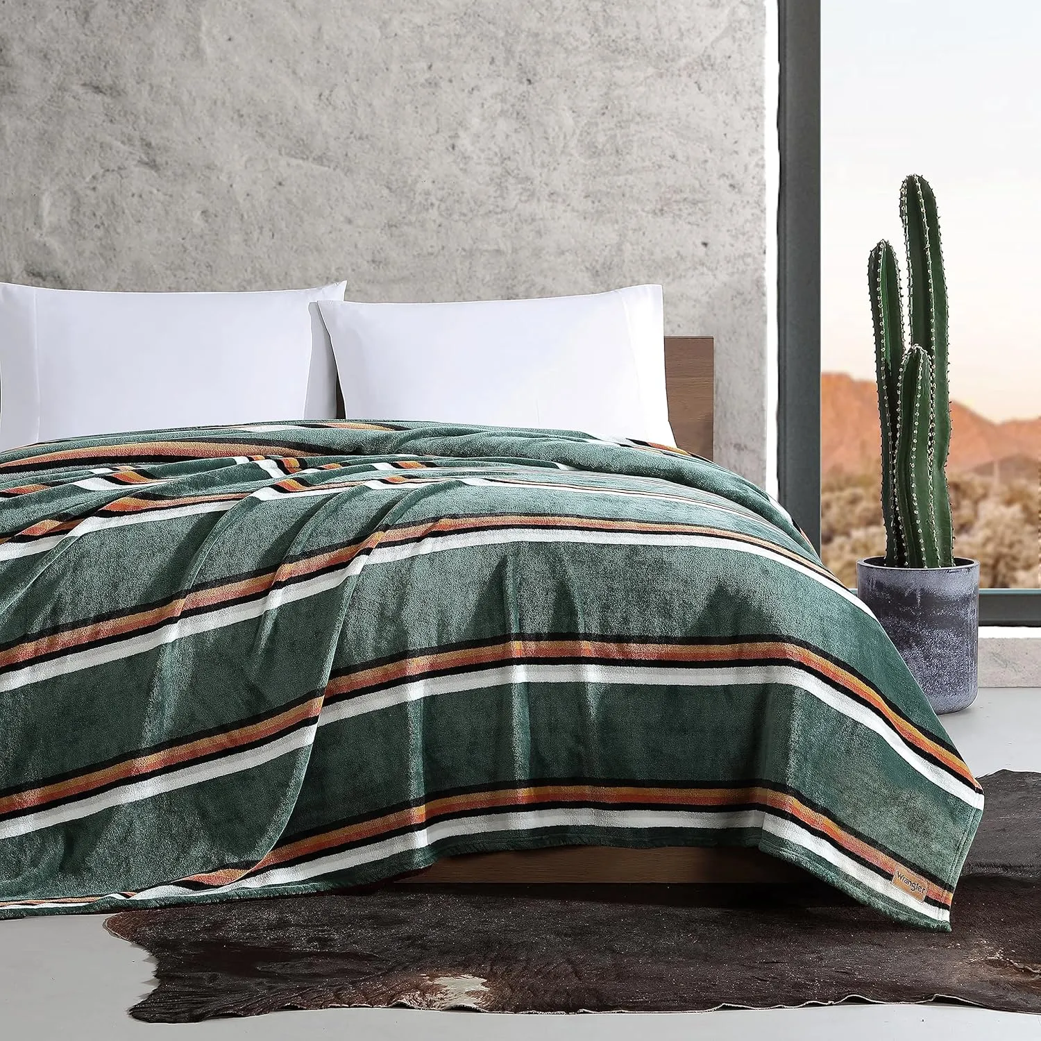 Wrangler Blanket Ultra Soft Plush Fleece, Cozy Home Decor for Bed or Couch, King, Western Saddle Stripe Green