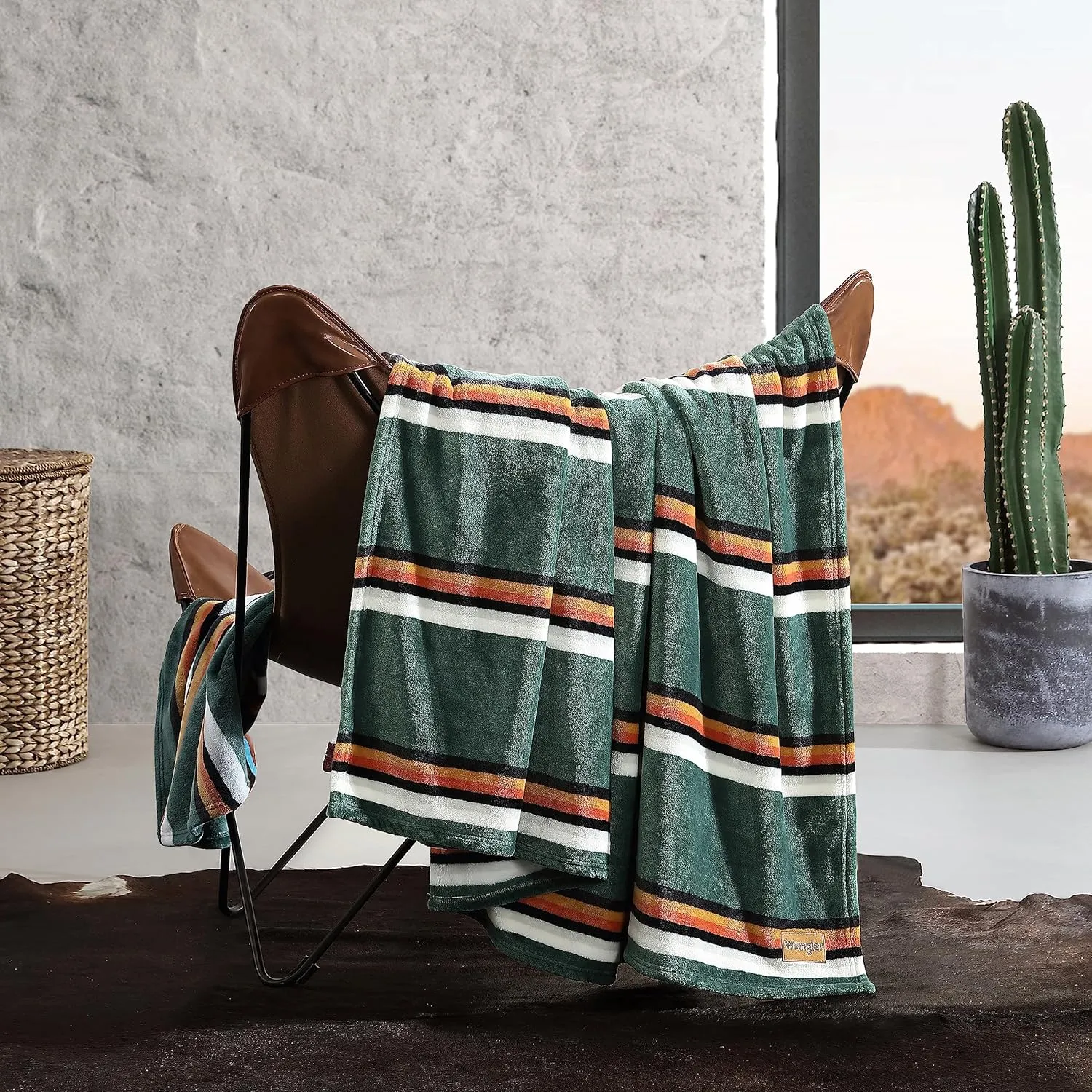 Wrangler Blanket Ultra Soft Plush Fleece, Cozy Home Decor for Bed or Couch, King, Western Saddle Stripe Green