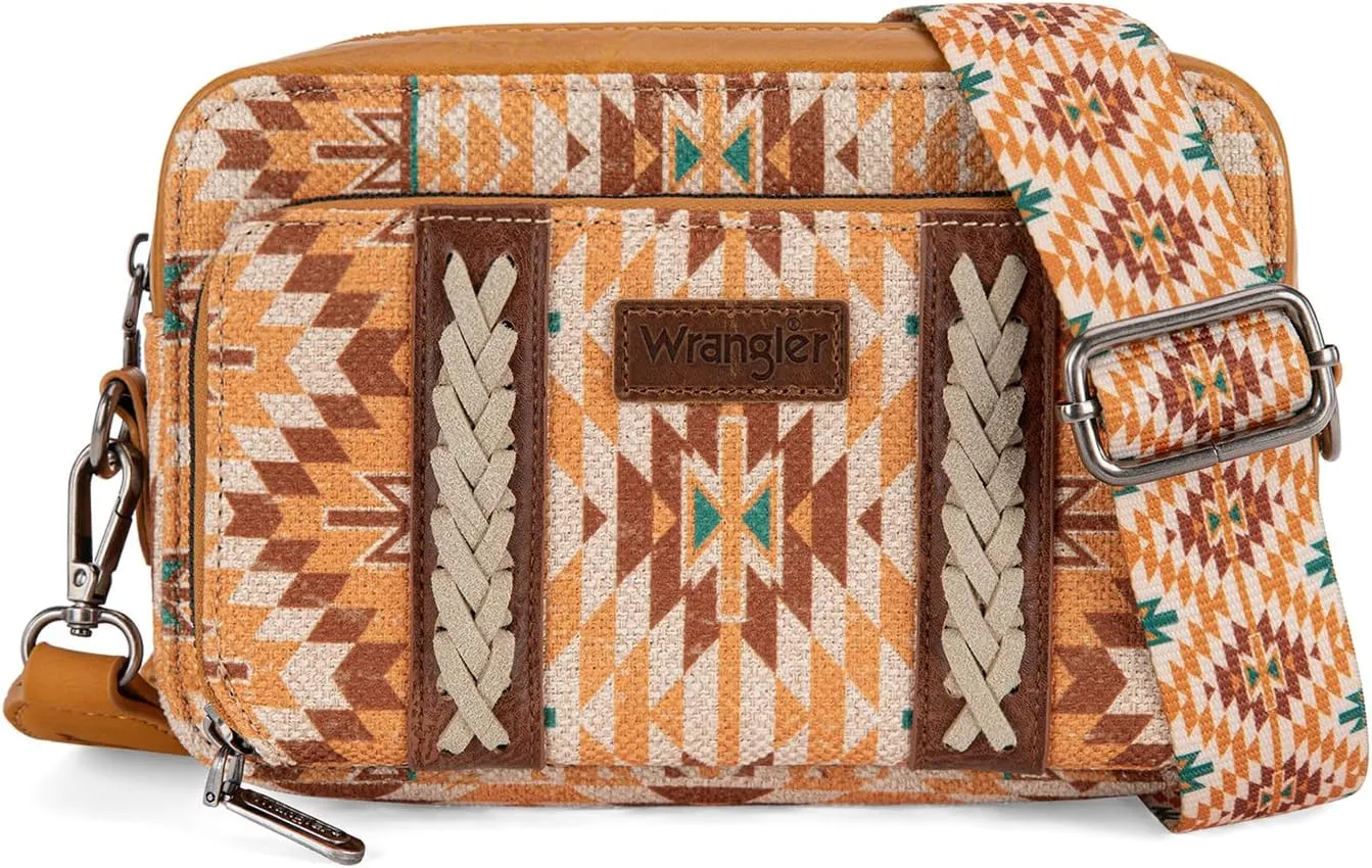 Wrangler Crossbody Bag for Women Boho Aztec Small Multi Pocket Crossover Purse