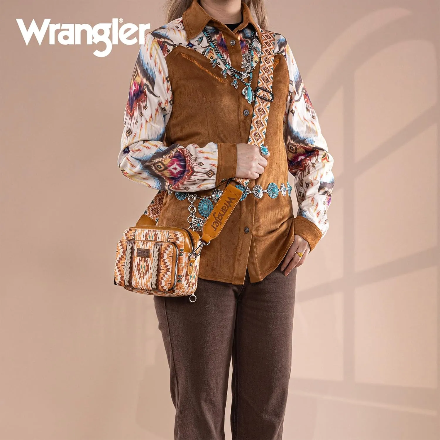Wrangler Crossbody Bag for Women Boho Aztec Small Multi Pocket Crossover Purse