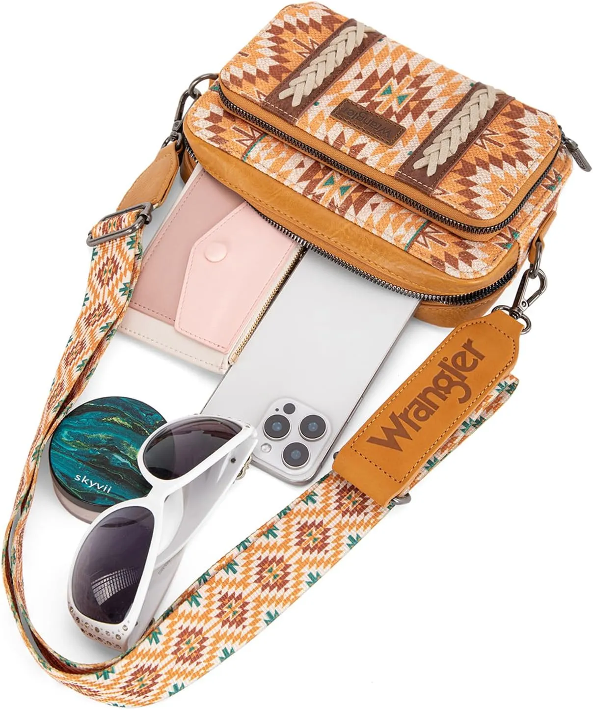 Wrangler Crossbody Bag for Women Boho Aztec Small Multi Pocket Crossover Purse