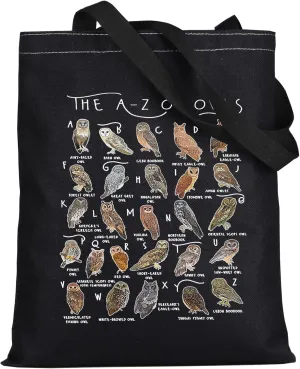 WZMPA Funny Owl Tote Bag Owl Lover Gift The A-Z Owls Reusable Grocery Bag Ow l Species Merchandise