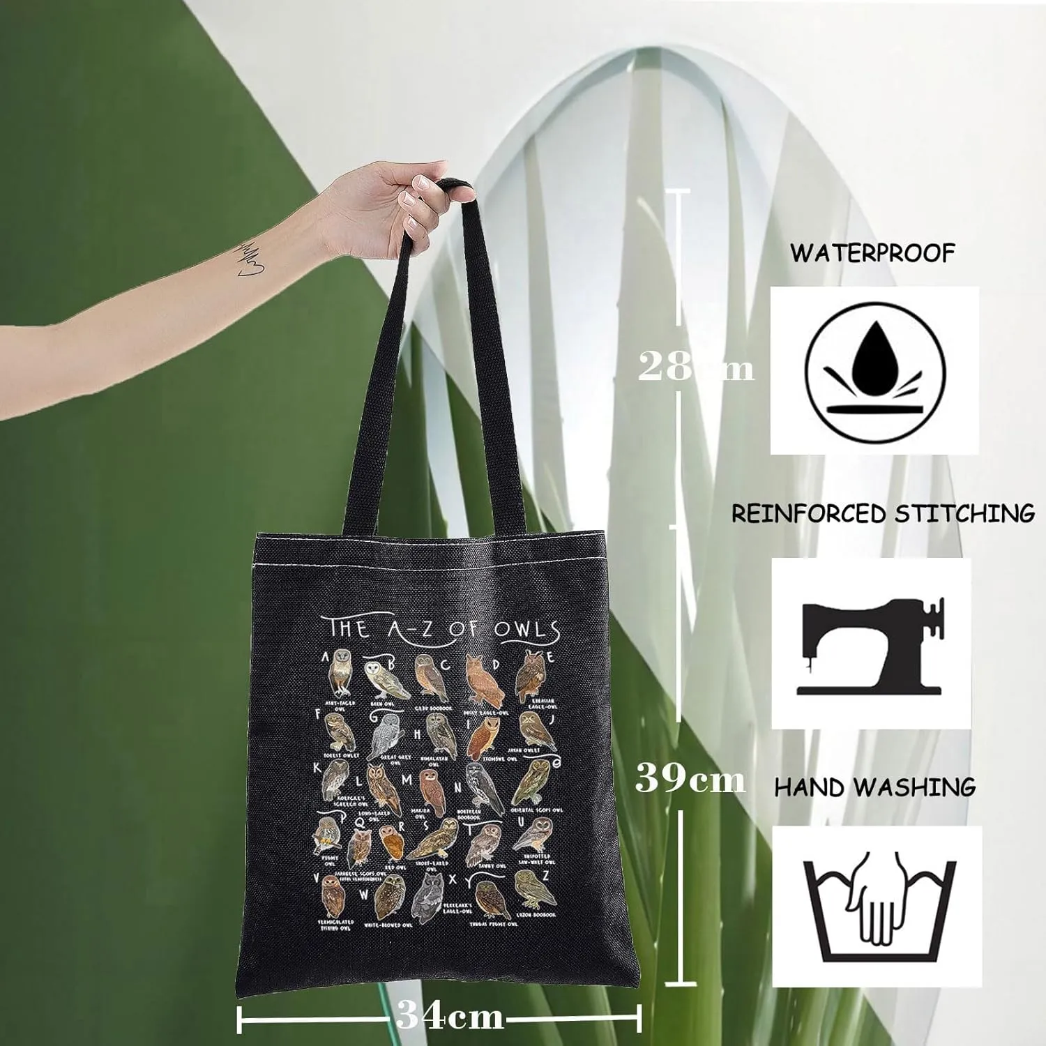 WZMPA Funny Owl Tote Bag Owl Lover Gift The A-Z Owls Reusable Grocery Bag Ow l Species Merchandise