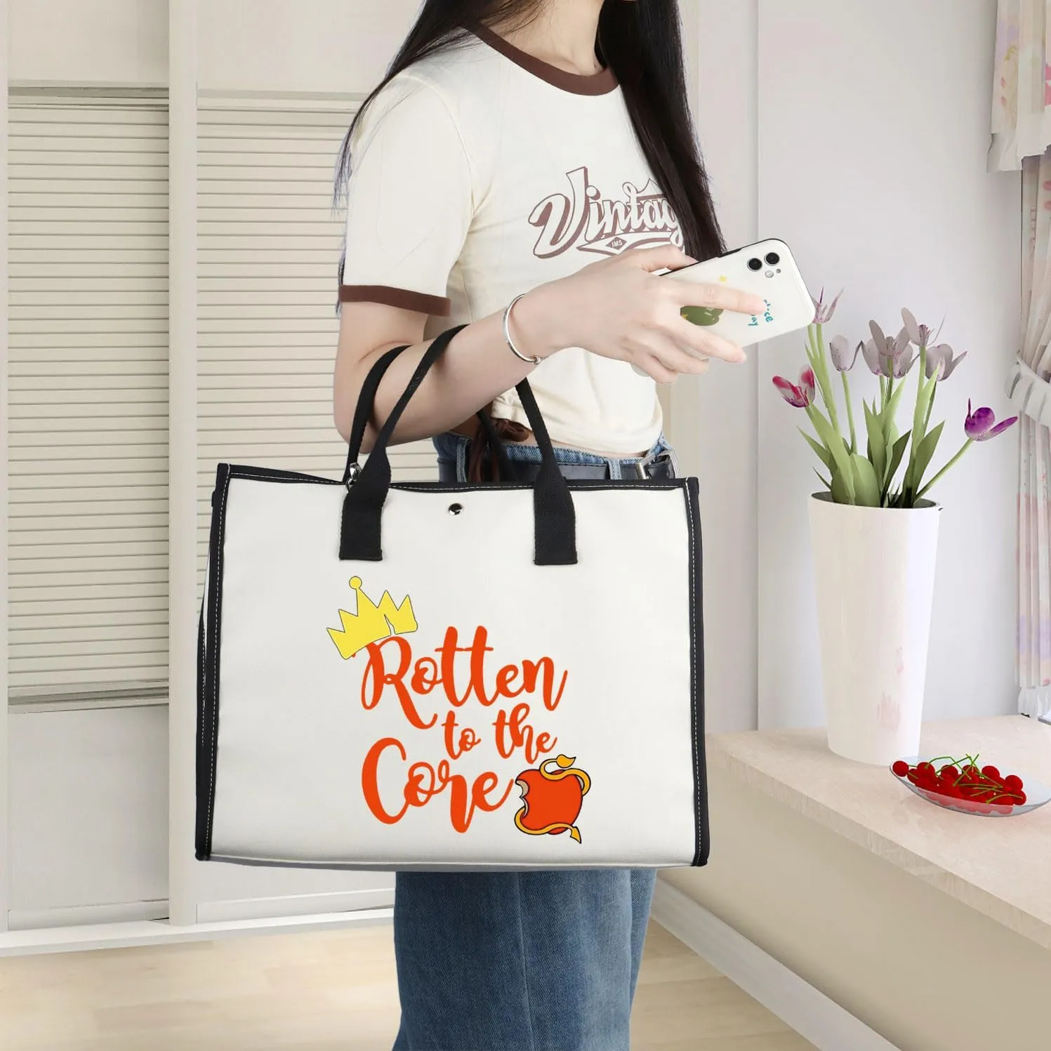 WZMPA Movie Canvas Tote Bag Mal Evie Fans Gift Rotten To The Core Shoulder Bag Evil Queen Merchdise