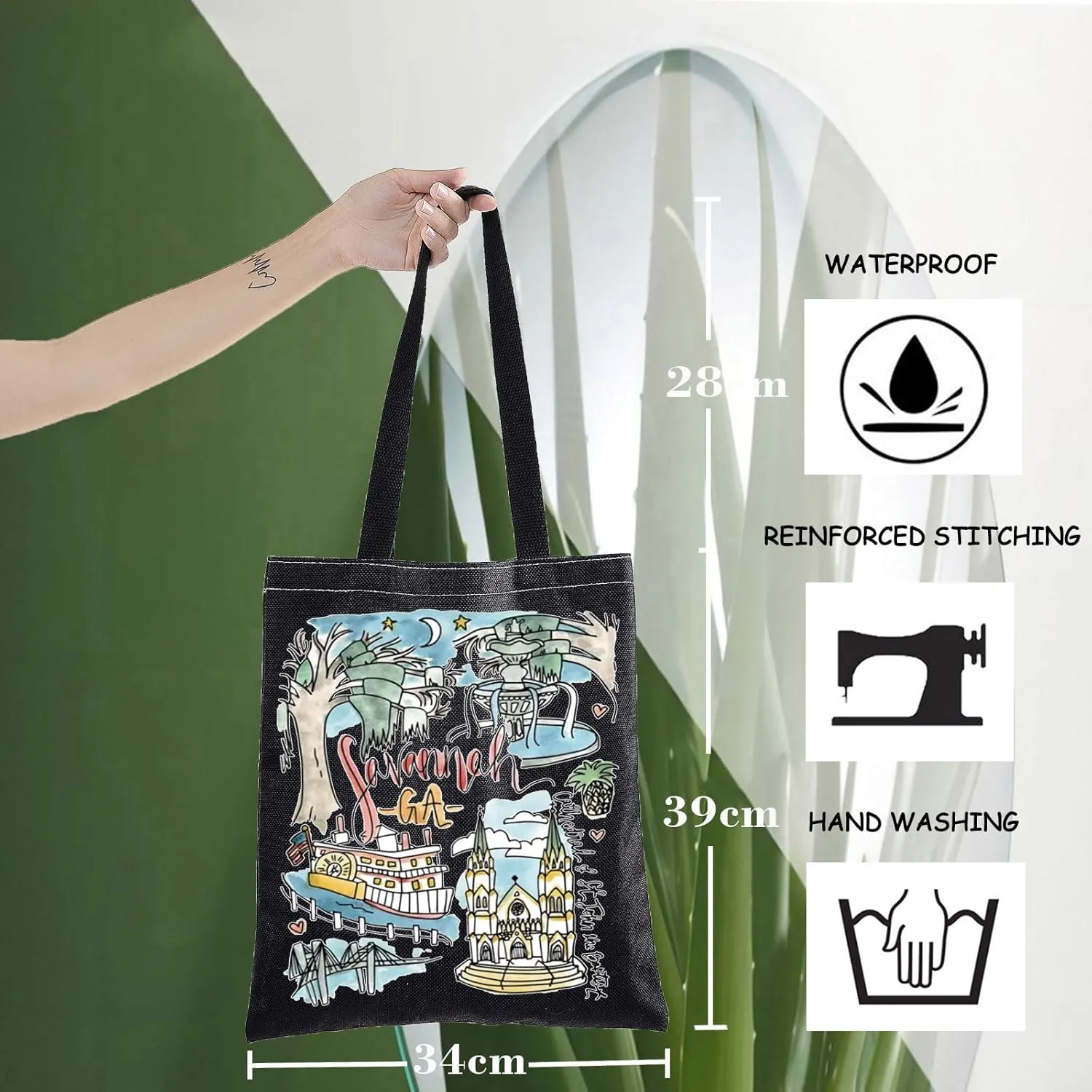 WZMPA Savannah Travel Tote Bag - Georgia Souvenir Gift, Trip Shoulder Bag, Forsyth Park Merchandise
