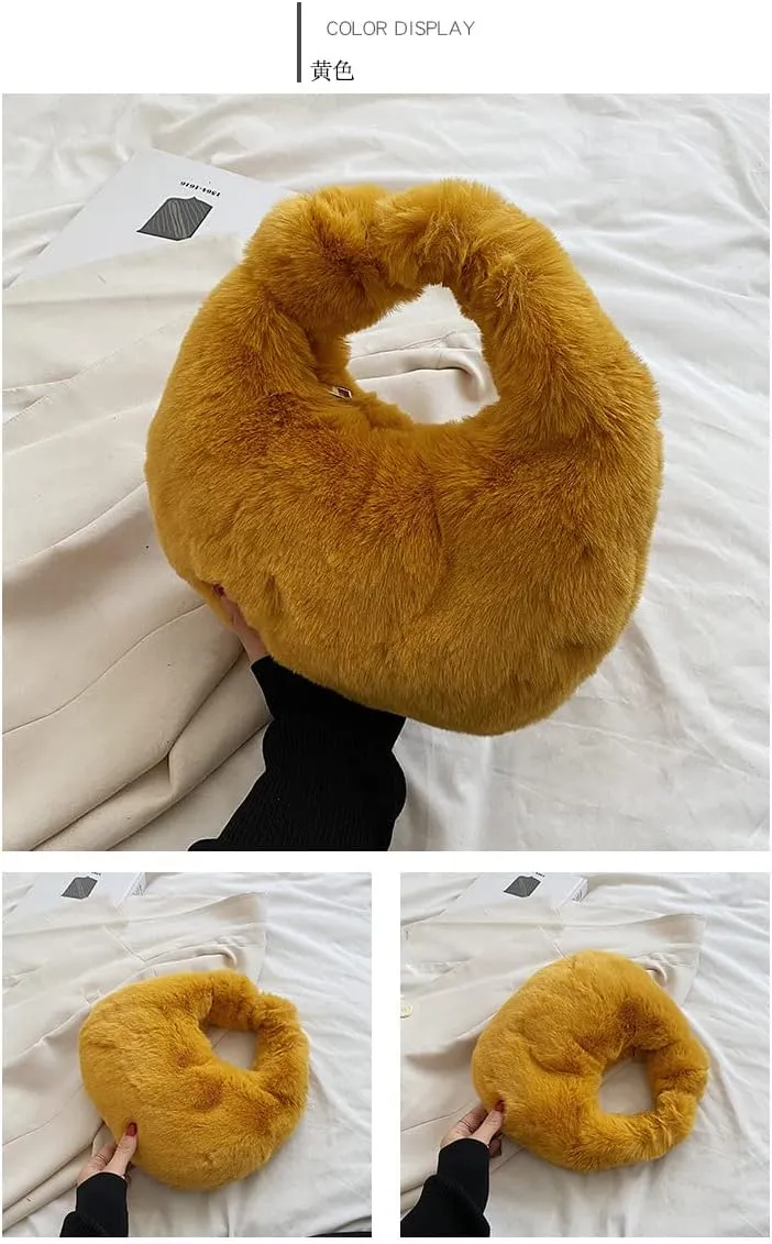 XPONNI Fuzzy Dumpling Bag, Cute Fluffy Bags, Cute Mini Handbags, Faux Fur Bag with Zipper, Soft Knotted Bag