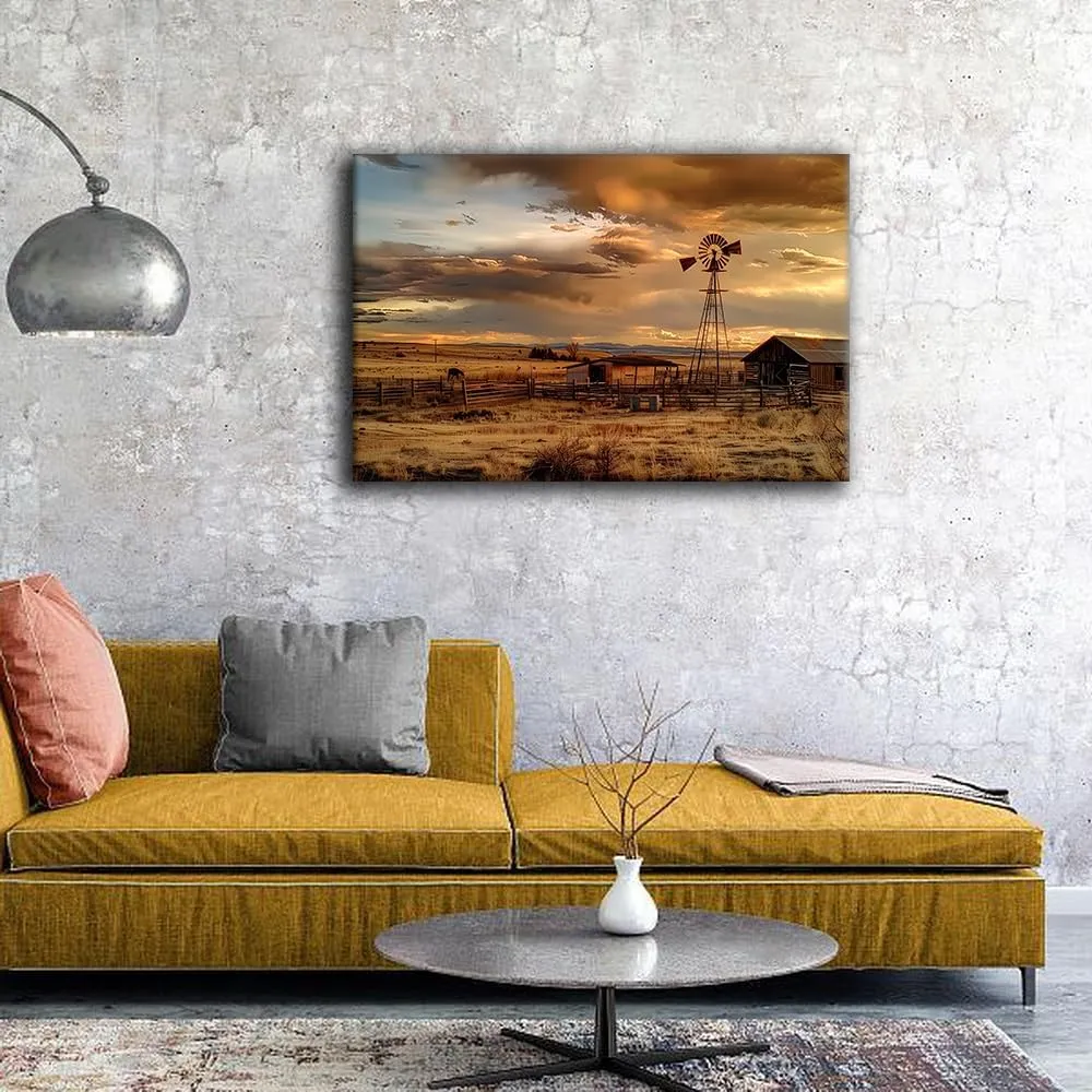 XUZHITENG Sunset Country Farm Wall Art, Farmhouse Painting Canvas Prints,Western Countryside Landscape Poster, Rustic Windmill Wall Pictures for Living Room Bedroom (20x30 inch No Frame)