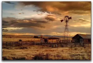 XUZHITENG Sunset Country Farm Wall Art, Farmhouse Painting Canvas Prints,Western Countryside Landscape Poster, Rustic Windmill Wall Pictures for Living Room Bedroom (20x30 inch No Frame)