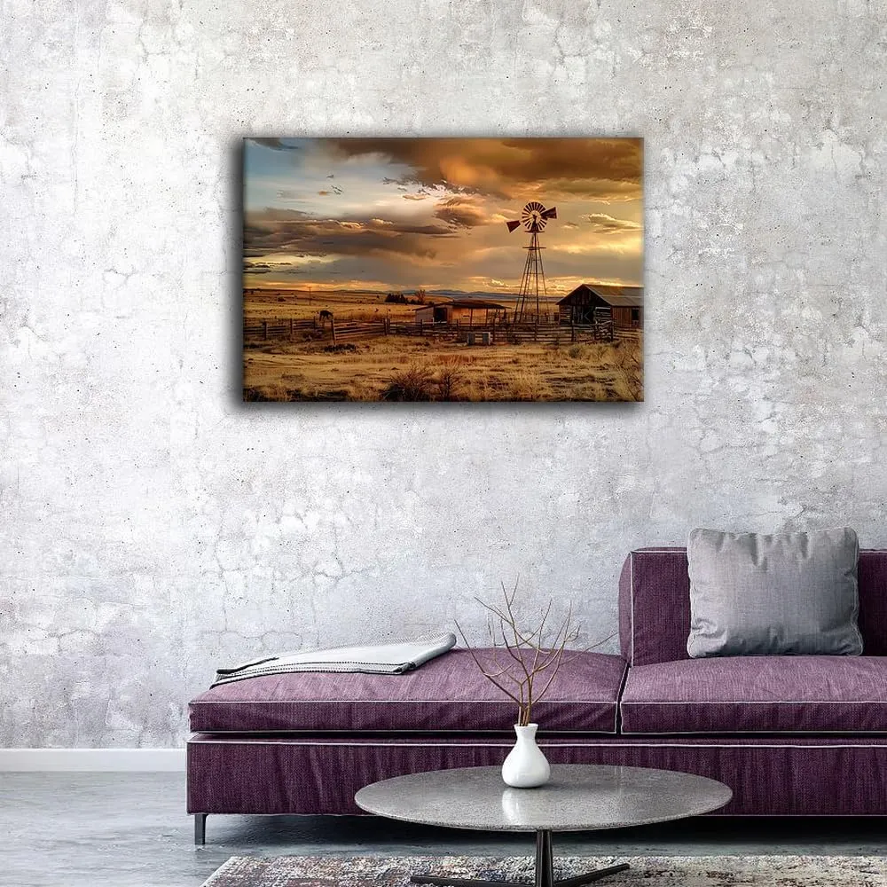 XUZHITENG Sunset Country Farm Wall Art, Farmhouse Painting Canvas Prints,Western Countryside Landscape Poster, Rustic Windmill Wall Pictures for Living Room Bedroom (20x30 inch No Frame)