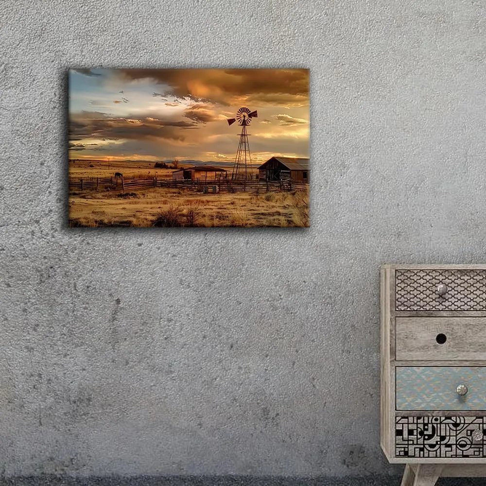 XUZHITENG Sunset Country Farm Wall Art, Farmhouse Painting Canvas Prints,Western Countryside Landscape Poster, Rustic Windmill Wall Pictures for Living Room Bedroom (20x30 inch No Frame)