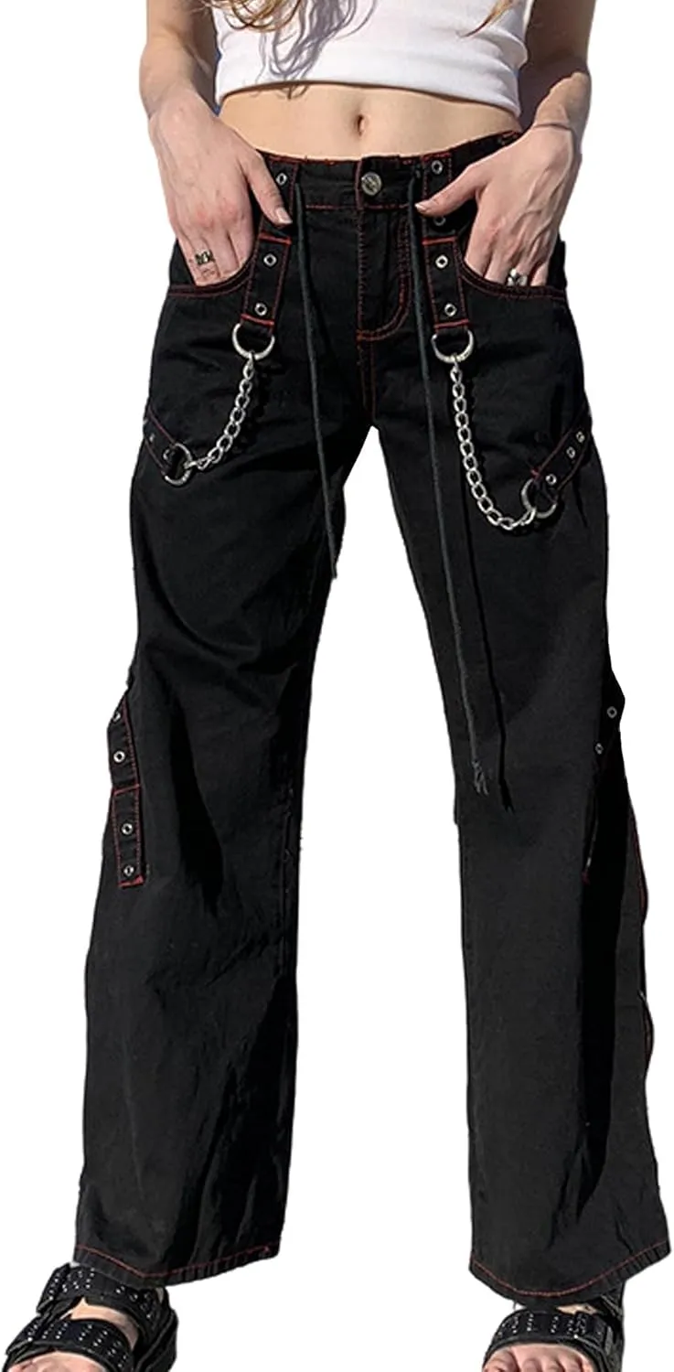 xxxiticat Women's Wide Leg Denim Pants Mid Waist Drawstring Lace Up Circle Chain Criss Cross Jeans Cropped Trousers