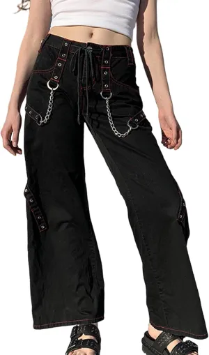 xxxiticat Women's Wide Leg Denim Pants Mid Waist Drawstring Lace Up Circle Chain Criss Cross Jeans Cropped Trousers