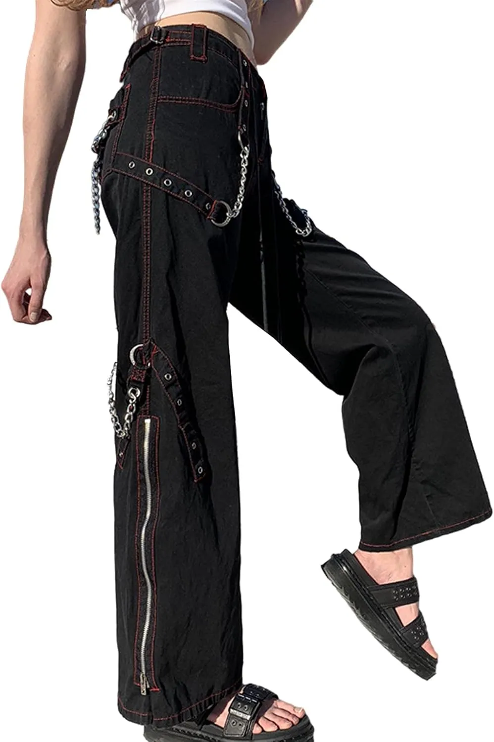 xxxiticat Women's Wide Leg Denim Pants Mid Waist Drawstring Lace Up Circle Chain Criss Cross Jeans Cropped Trousers