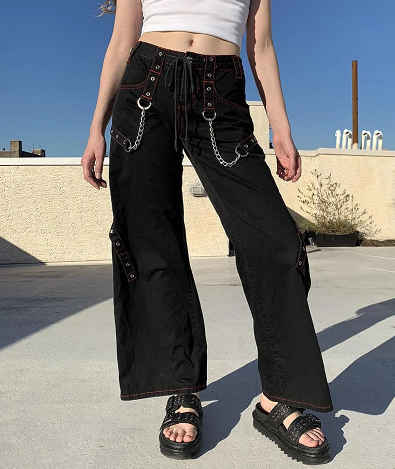 xxxiticat Women's Wide Leg Denim Pants Mid Waist Drawstring Lace Up Circle Chain Criss Cross Jeans Cropped Trousers