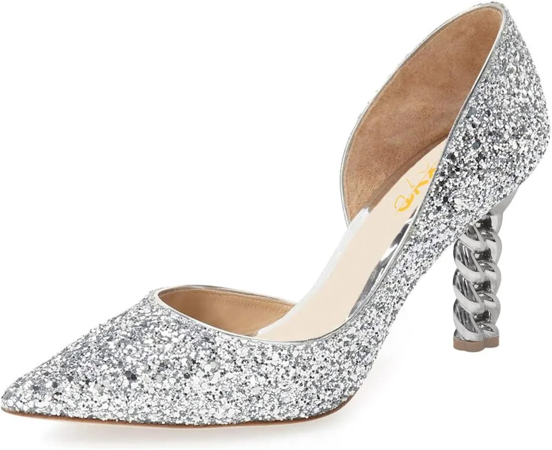 XYD Women Chic Chain Block Heels D'Orsay Pumps Pointed Closed Toe Slip-on Formal Dress Party Shoes