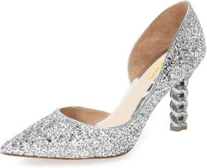 XYD Women Chic Chain Block Heels D'Orsay Pumps Pointed Closed Toe Slip-on Formal Dress Party Shoes