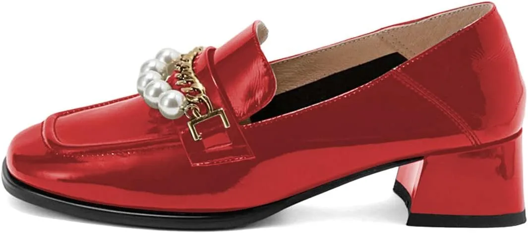 XYD Women Classic Closed Square Toe Golden Chain Pearl Loafer Low Chunky Heel Slip On Fall Daily Walking Comfy Shoes