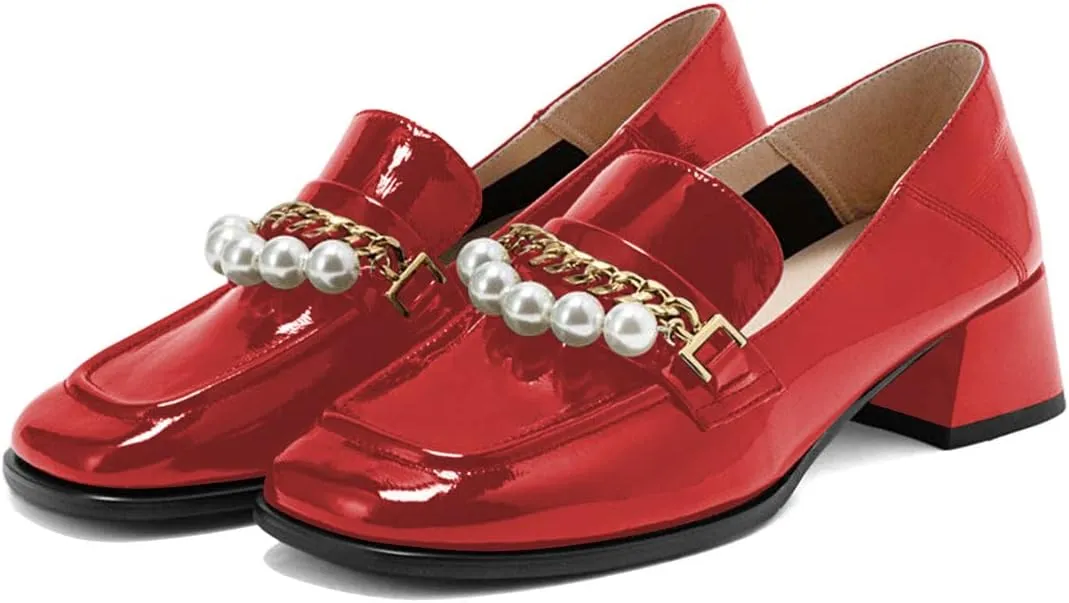 XYD Women Classic Closed Square Toe Golden Chain Pearl Loafer Low Chunky Heel Slip On Fall Daily Walking Comfy Shoes
