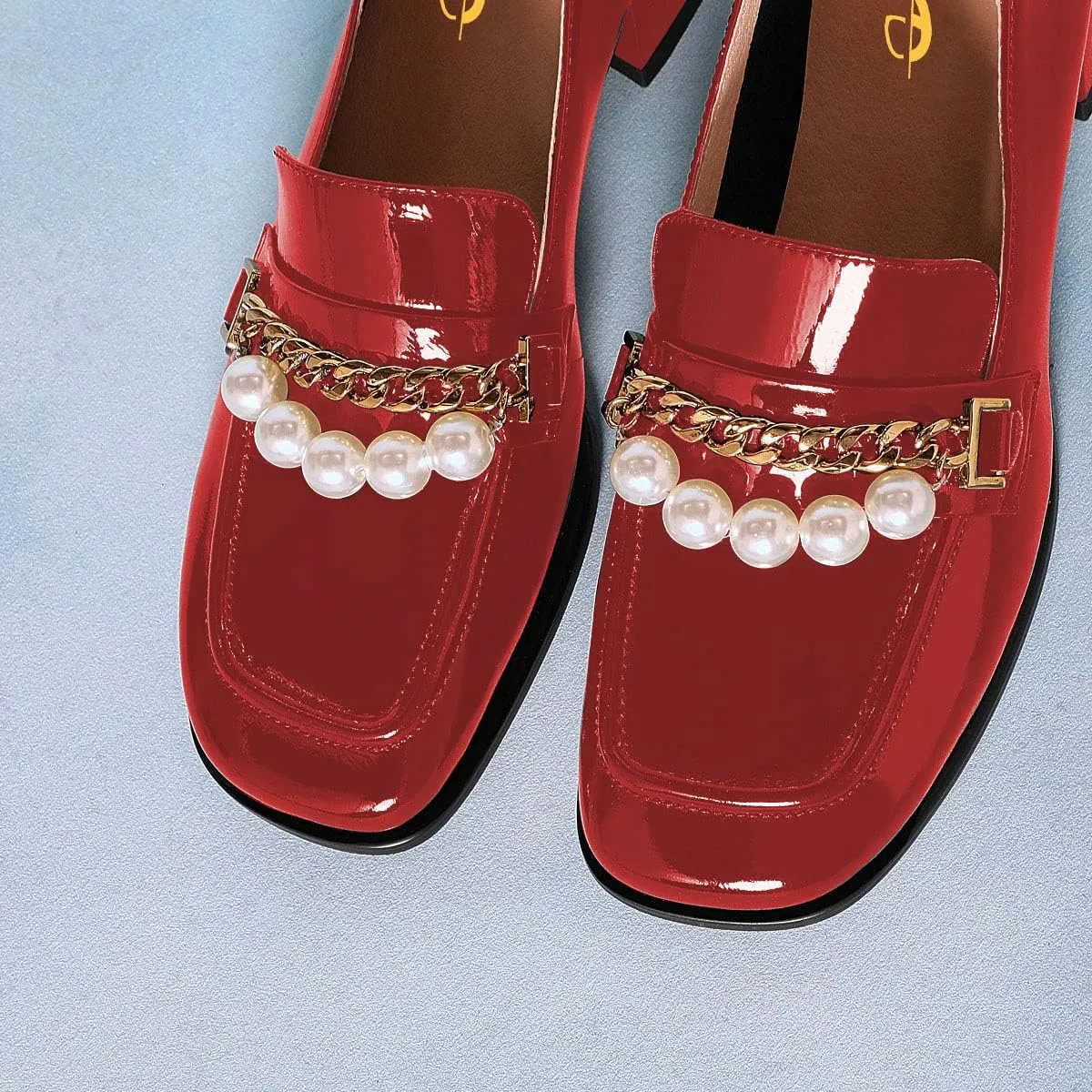 XYD Women Classic Closed Square Toe Golden Chain Pearl Loafer Low Chunky Heel Slip On Fall Daily Walking Comfy Shoes