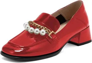 XYD Women Classic Closed Square Toe Golden Chain Pearl Loafer Low Chunky Heel Slip On Fall Daily Walking Comfy Shoes