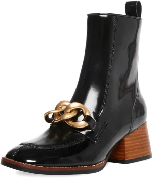 XYD Women's Square Toe Chunky Cork Low Heels Ankle Boots Metal Chain Side Zipper Glossy Fashion Casual Dress Short Booties Shoes