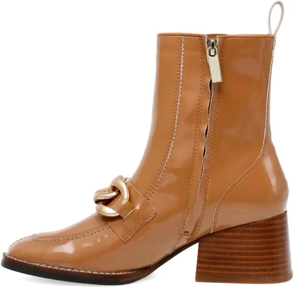XYD Women's Square Toe Chunky Cork Low Heels Ankle Boots Metal Chain Side Zipper Glossy Fashion Casual Dress Short Booties Shoes